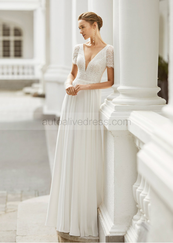 Short Sleeves Ivory Lace Chiffon Beach Wedding Dress
